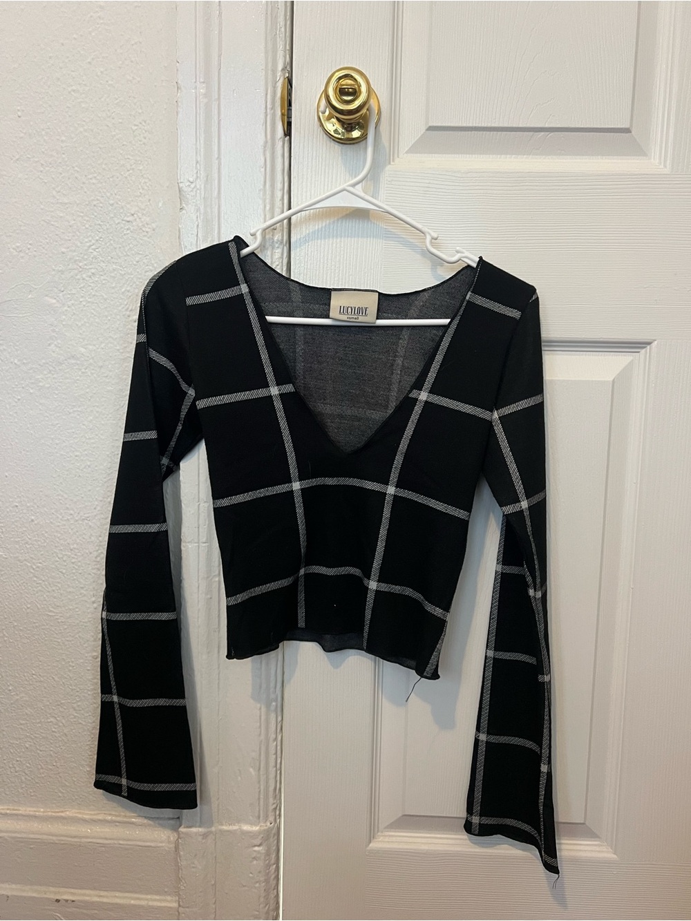Lucy Love Black Windowpane V-Neck Long Sleeve Top